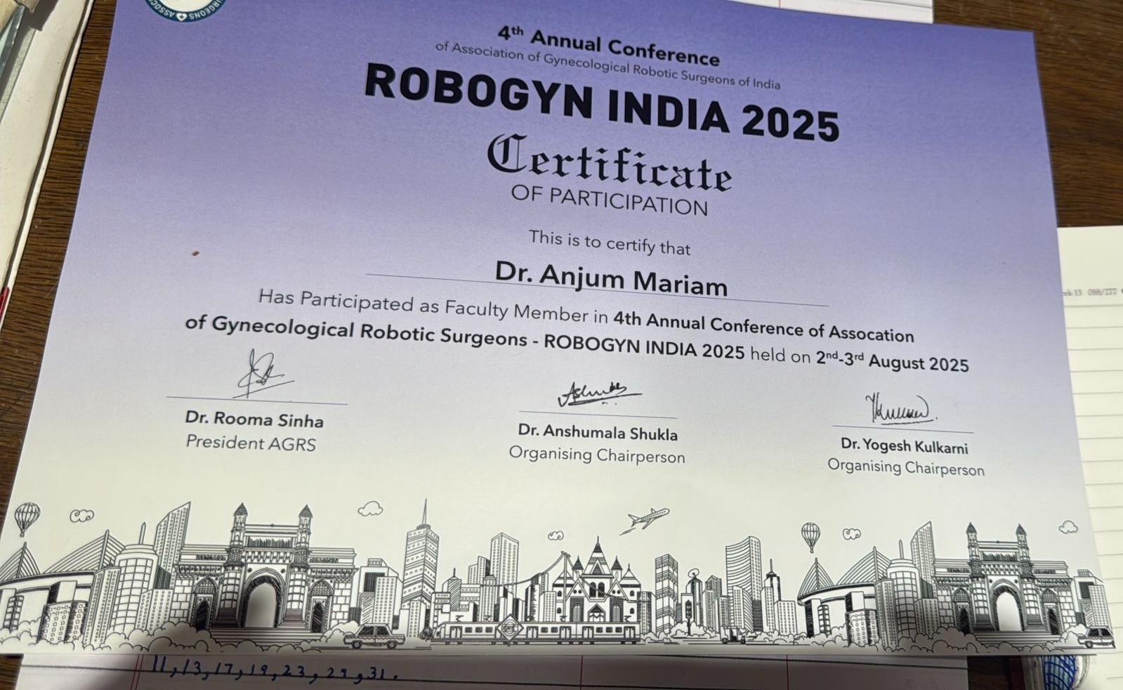 Dr. Mariam Anjum — RoboGyn India — Certificate